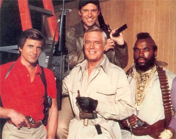 Los actores protagonistas de ‘Brigada A’: Dirk Benedict, Dwigth Schultz, George Peppard y Mr. T.