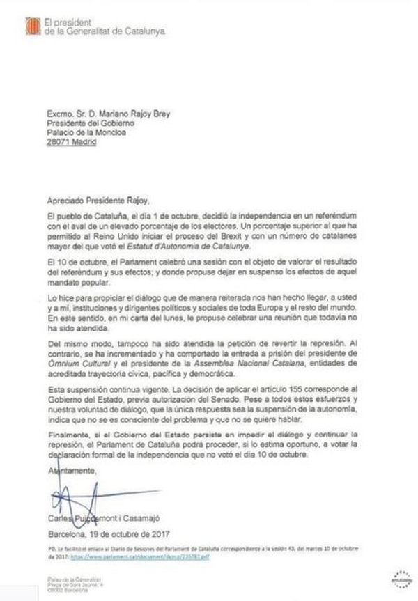 La carta de Carles Puigdemont a Mariano Rajoy
