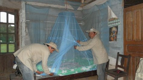 Personal de Salud instala mosquitero sobre una cama. Foto:Ministerio de Salud