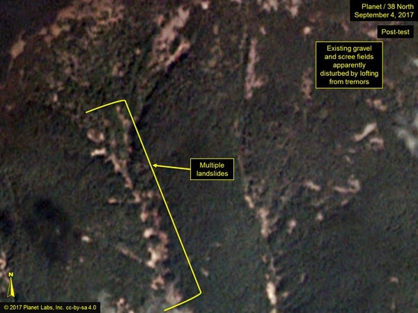 Una imagen que muestra los deslizamientos de tierra en Punggye-Ri tres días después de la prueba nuclear (38 North)