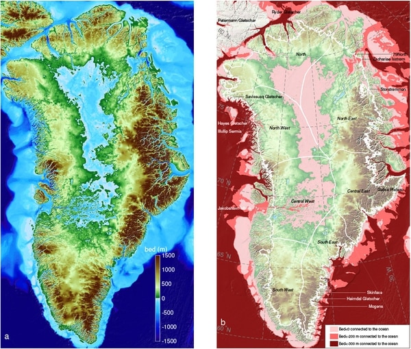 La imagen muestra la costa de Groenlandia en la reconstrucción de BedMachine, antes y después de la inclusión de los datos del nuevo mapa de la campaña OMG de la NASA. (Universidad de California en Irvine, UCI)