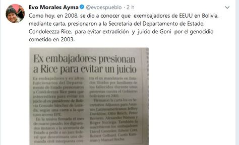 El tuit que publicó el presidente Evo Morales sobre Gonzalo Sánchez de Lozada.