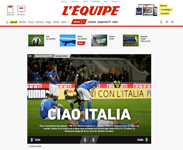 L’Equipe, Francia, le dijo “Ciao” a Italia