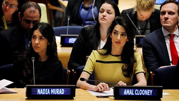 Nadia Murad y su abogada, Amal Clooney, en las Naciones Unidas