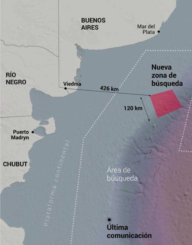 Infográfico del área de búsqueda del submarino argentino desaparecido