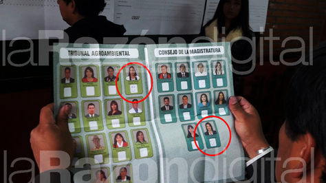Un jurado electoral de la unidad educativa Agustín Aspiazu de La Paz muestra la papeleta con "caritas felices".