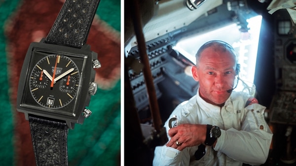 A la izquierda, TAG Heuer’s Monaco. A la derecha, Buzz Aldrin muestra su Omega Speedmaster en la misión Apollo 11