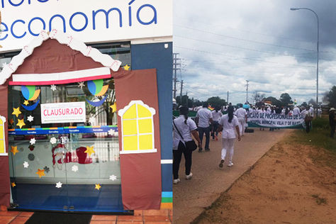A la izquierda, una farmacia clausurada por el Gobierno y su diestra el bloqueo en Palmasola.