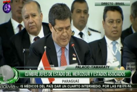 El presidente de paraguay, horacio cartes, brinda su discurso en la Cumbre del Mercosur. Foto: Bolivia TV