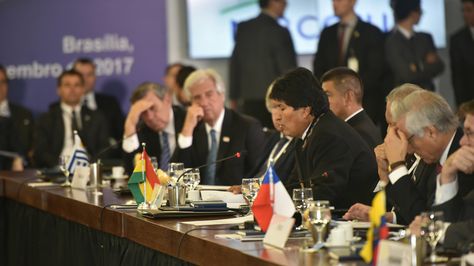 El presidente Evo Morales durante su intervención en el Mercosur. Foto:ABI