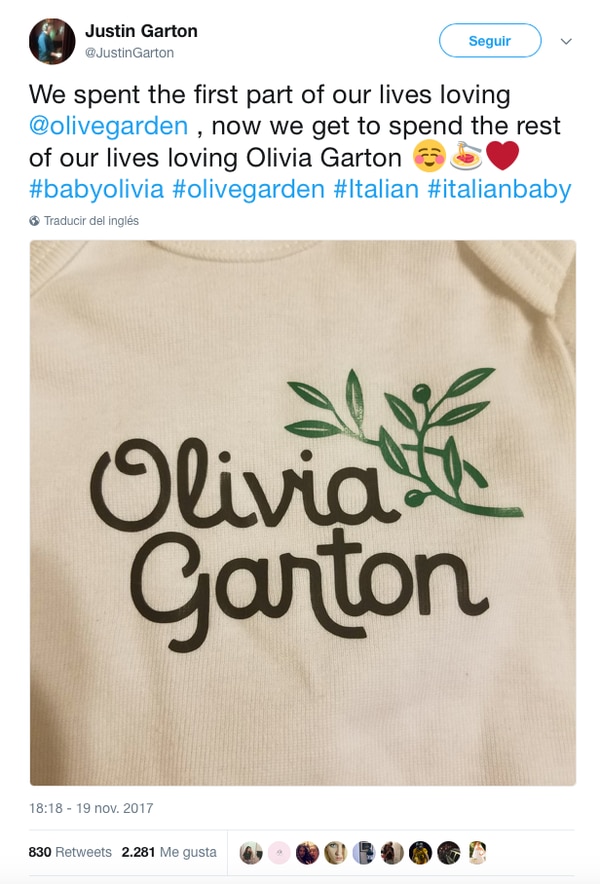 Pasamos la primera parte de nuestras vidas amando a Olive Garden, ahora pasaremos el resto amando a Olivia Garton