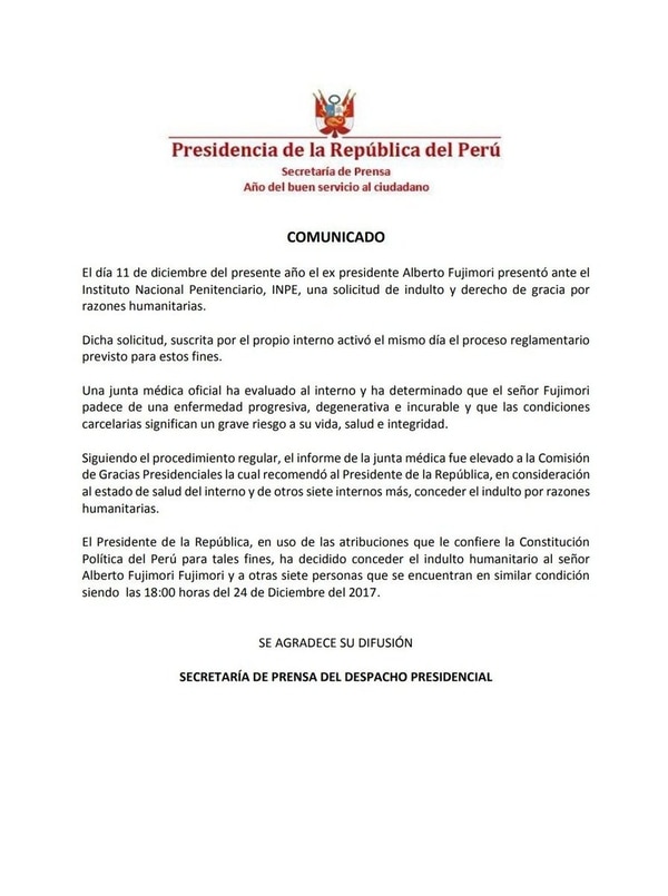 El comunicado oficial de parte de la Presidencia de la República del Perú