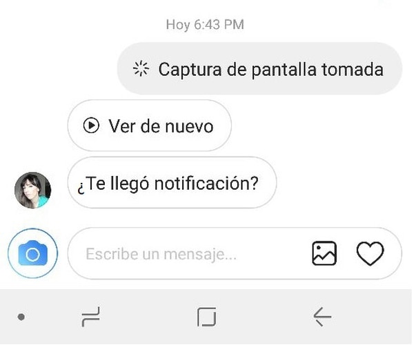 Así se ve la notificación sobre la captura de pantalla que se hace en los mensajes directos
