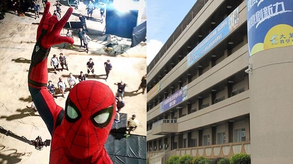 El edificio del que cayó el joven, y una selfie tomada en el set de la película Spiderman
