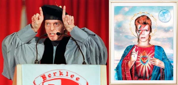 Diablo y Santo: en 1999 durante un acto de graduación de la Berklee College of Music. A su lado, la ilustración “Saint Bowie” de Dirty Lola