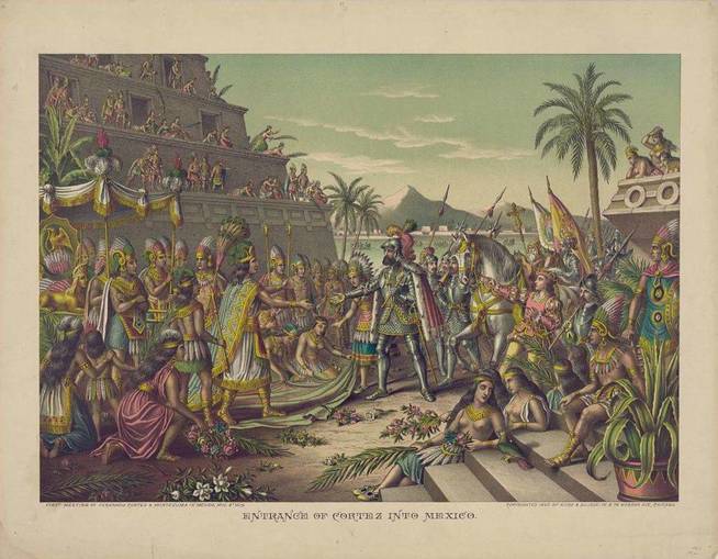 Encuentro de Hernán Cortés con los aztecas. (Wikimedia Commons)