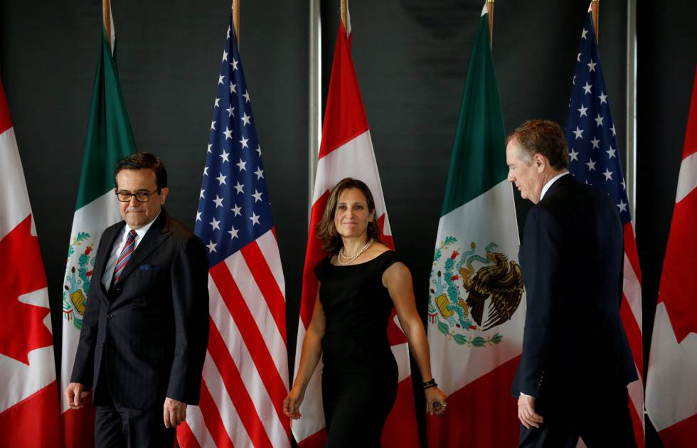 Los ministros de México, Canadá y EE UU a cargo de la negociación, en el último encuentro tripartito.