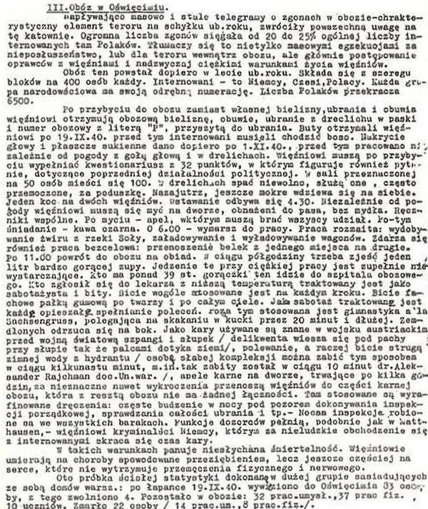 Un informe escrito que pudo ser sacado del campo. Este en particular describía las condiciones en Auschwitz y llegó a Gran Bretaña en marzo de 1941 (Museo Estatal de Auschwitz-Birkenau)