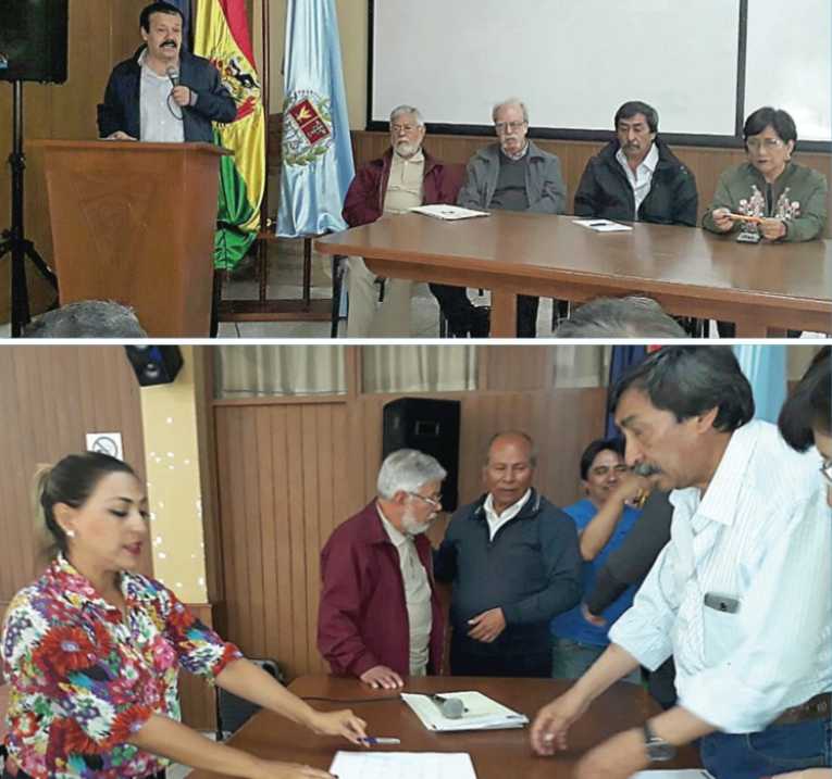 LA EXPOSICIÓN SOBRE LOS RIESGOS PARA LA LIBERTAD DE EXPRESIÓN (ARRIBA) Y PEDRO GLASINOVIC EN LA FIRMA DE LA DECLARACIÓN FINAL DE COCHABAMBA (ABAJO). ANPB