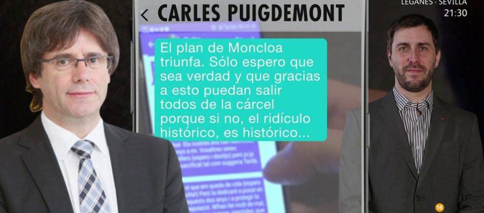 Foto: Montaje realizado por el Programa de Ana Rosa de la conversación entre Puigdemont y Comín. (Telecinco)