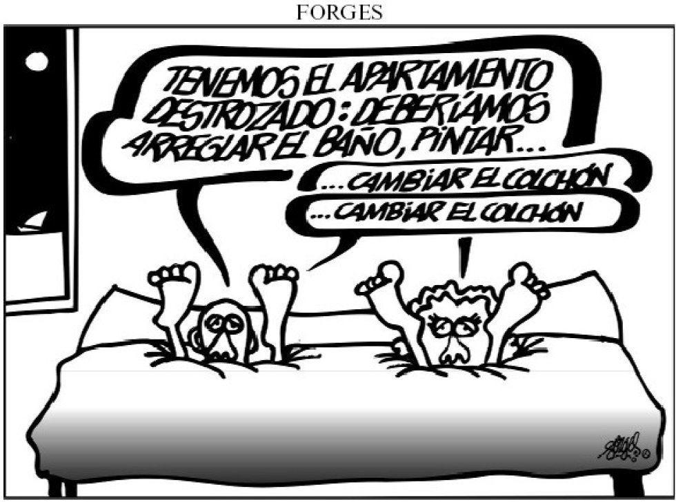 El esposo y la esposa sepultados en una cama inmensa son dos de los personajes más famosos de Forges.