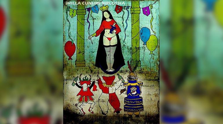 El cuadro de la Virgen del Socavón en ropa íntima. | twitter.com