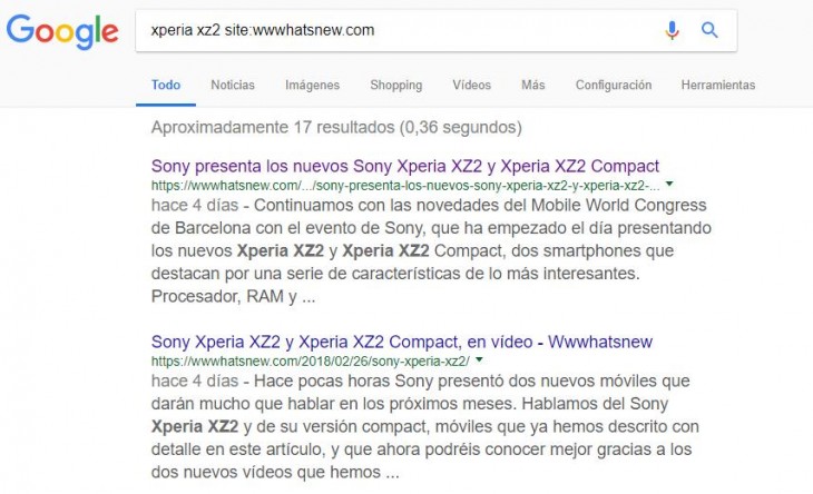 Buscando xperia xz2 dentro de un dominio específico