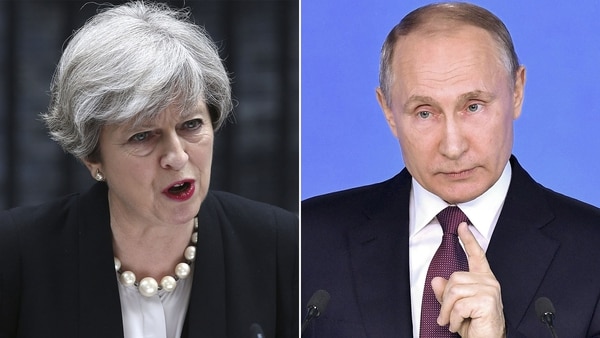 La primera ministra Theresa May y el presidente ruso Vladimir Putin, enfrentados por elo atentado contra un ex espía ruso en Londres