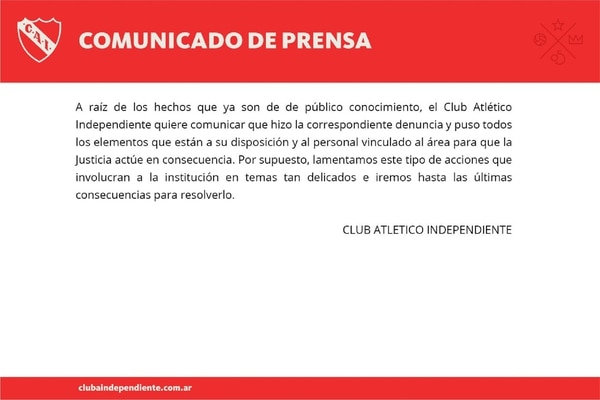 El club de Avellaneda emitió un comunicado