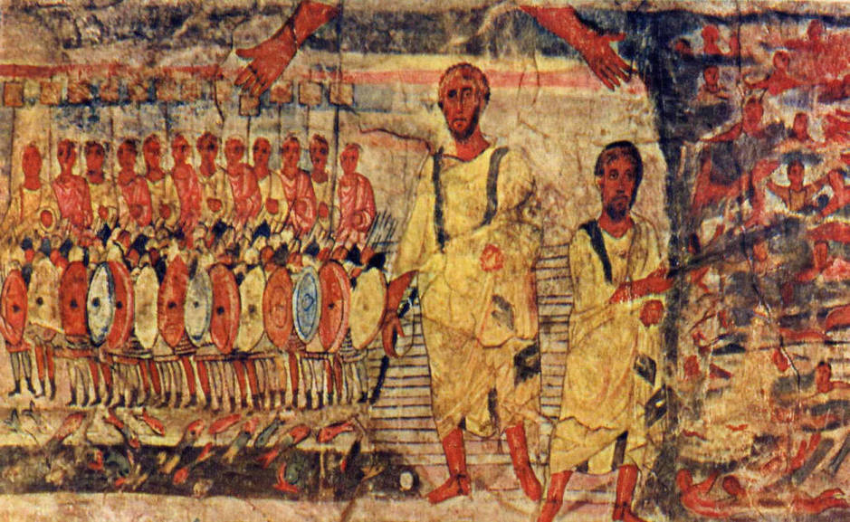 El cruce del Mar Rojo en una de las pinturas al fresco del palacio de Dura Europos.