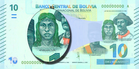 La imagen del líder indígena guaraní Apiaguaiki Tüpa en el billete de Bs 10.