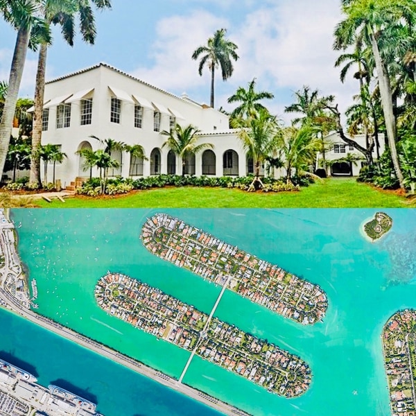 Vista frontal de la propiedad y una mirada aérea sobre Palm Island, una isla artificial construida sobre la bahía de Biscayne frente al puerto de cruceros de Miami Beach