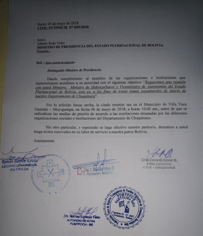 La carta enviada por dirigentes al ministro de la Presidencia, Alfredo Rada. Foto: Gentileza