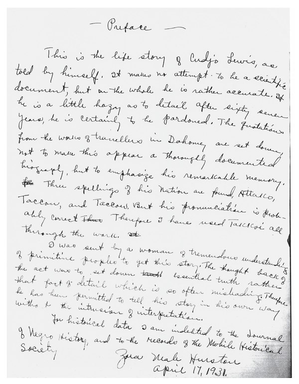 Un original del prólogo de Zora Neale Hurston a su libro póstumo. (The Zora Neale Hurston Trust)