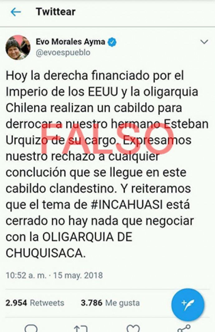 El tuit falso que circuló hoy. FOTO: Captura