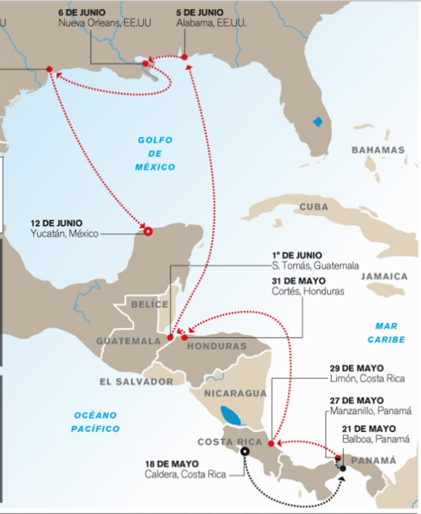 Mapa elaborado por el diario La Nación que muestra la ruta que siguieron los tiburones con droga.