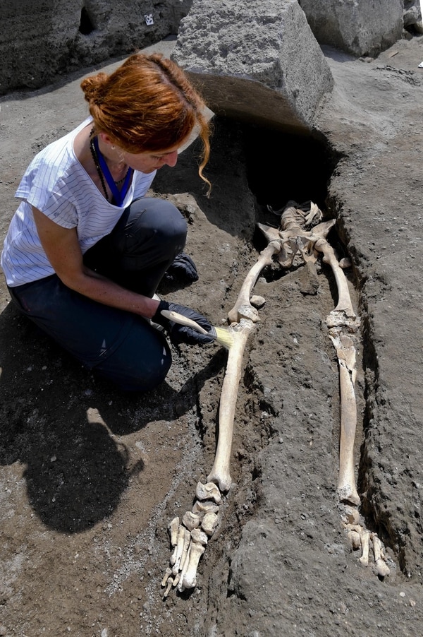 Una antropóloga examina los restos óseos de un nuevo esqueleto (EFE/ Ciro Fusco)