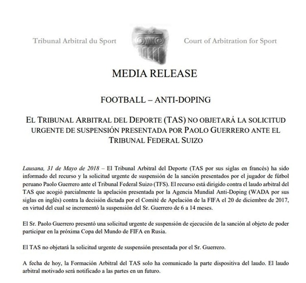 El fallo del TAS que dice que la Justicia suiza va a decidir si Paolo Guerrero juega el Mundial