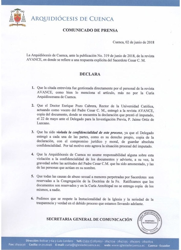 El comunicado de la Arquidiócesis de Cuenca