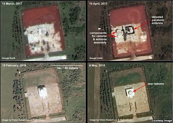 Imágenes de la construcción del radomo en Bejucal: en sentido horario, marzo 2017, abril 2017, mayo 2018 y febrero 2018 (The Diplomat)