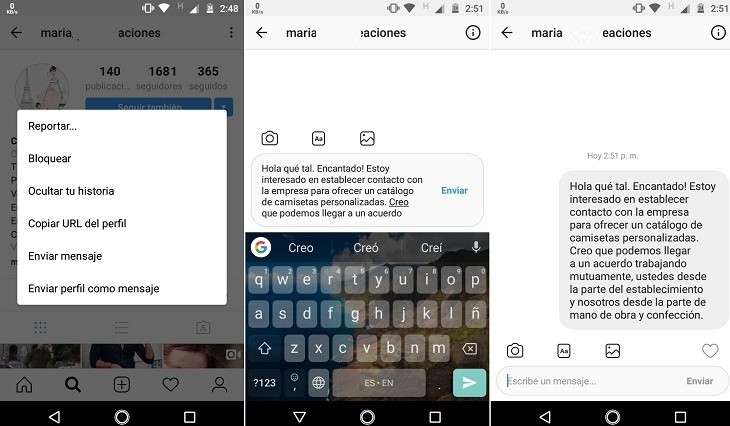 Mensaje Directo en Instagram a un perfil empresarial