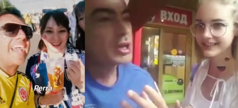 A la izquierda un hincha colombiano que se burló de unas mujeres jonesas y a la derecha un argentino que hizo lo mismo con una rusa, lo que le costó su expulsión de ese país.
