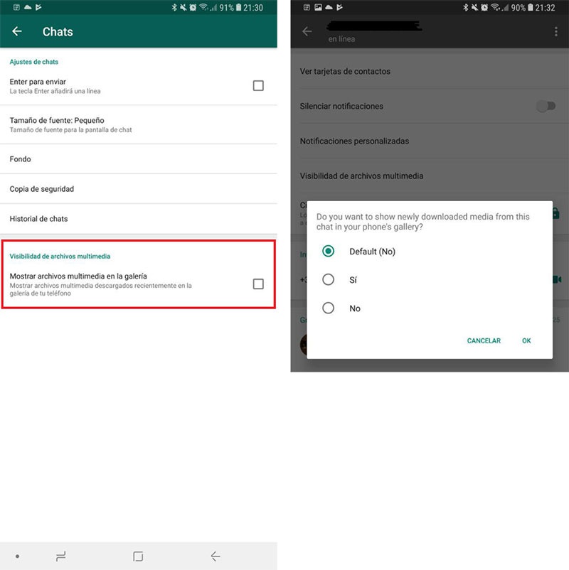 Opción para ocultar fotos de WhatsApp en la galería del teléfono