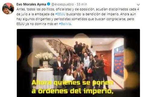 El tuit que publicó el presidente Evo Morales este 4 de julio de 2018.