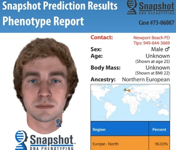 Un fenotipo realiza una imagen a través de los datos de ADN. Tras los pertinentes análisis, esta fue la imagen que los investigadores creen que tenía el asesino de Linda O’Keefe (Cortesía de Newport Beach Police Department)
