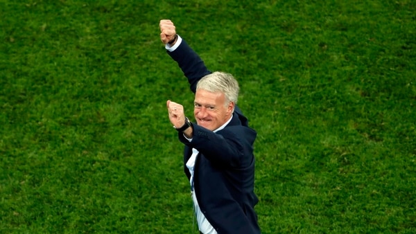France head coach Didier Deschamps celebrates at the end of the semifinal match between France and Belgium at the 2018 soccer World Cup in the St. Petersburg Stadium in St. Petersburg, Russia, Tuesday, July 10, 2018. (AP Photo/Pavel Golovkin)