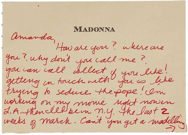 Fragmento de una de las cartas de Madonna enviadas a Amanda Cazalet. (Caters News Agency)