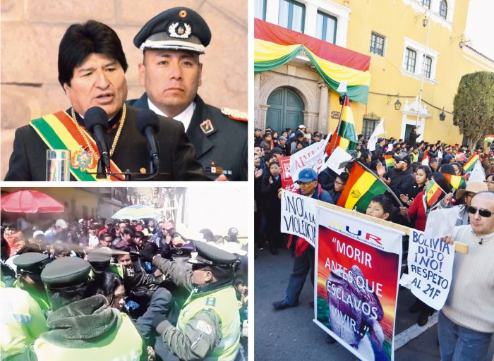 Pese al fuerte resguardo policial y militar en la Villa Imperial, la población y plataformas ciudadanas que defienden los resultados del 21F expresaron su protesta, antes, durante y después del mensaje del presidente Evo Morales.