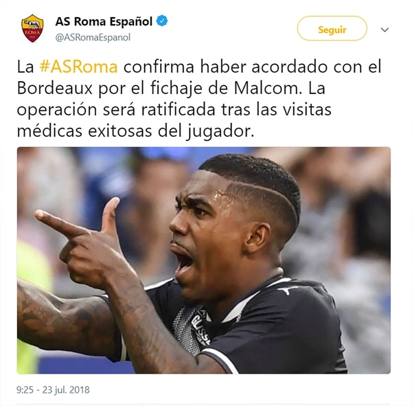 El tuit de la Roma anunciando al jugador