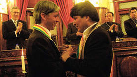 El vicepresidente Álvaro García y el presidente Evo Morales en 2006